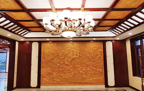 新密中式别墅客厅中式木作横梁吊顶装饰展示